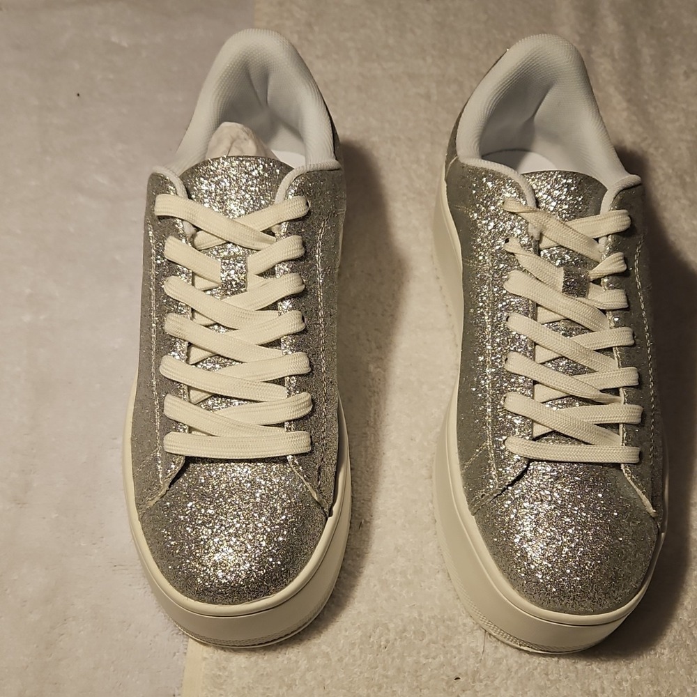 J.Adams Hero Fine Silver Glitter Lace Up Women's Sneakers Athletic Low Top‎